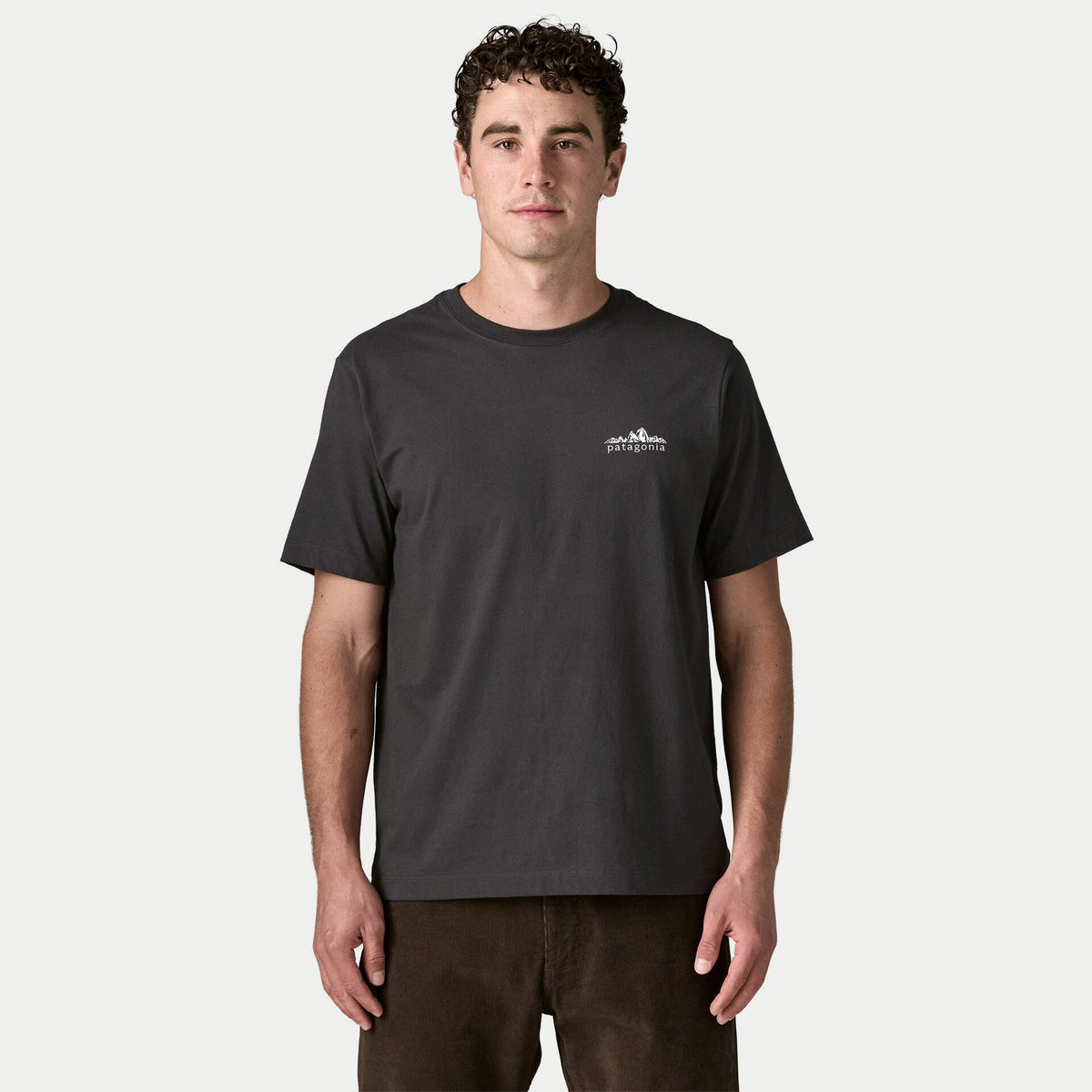 T-shirt Patagonia Fitz Roy Foothills Ink Black - porté de face, logo poitrine