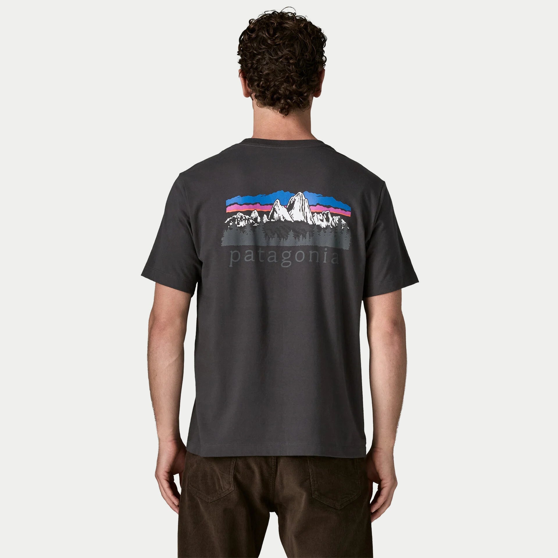 T-shirt Patagonia Fitz Roy Foothills Ink Black - porté de dos, imprimé complet