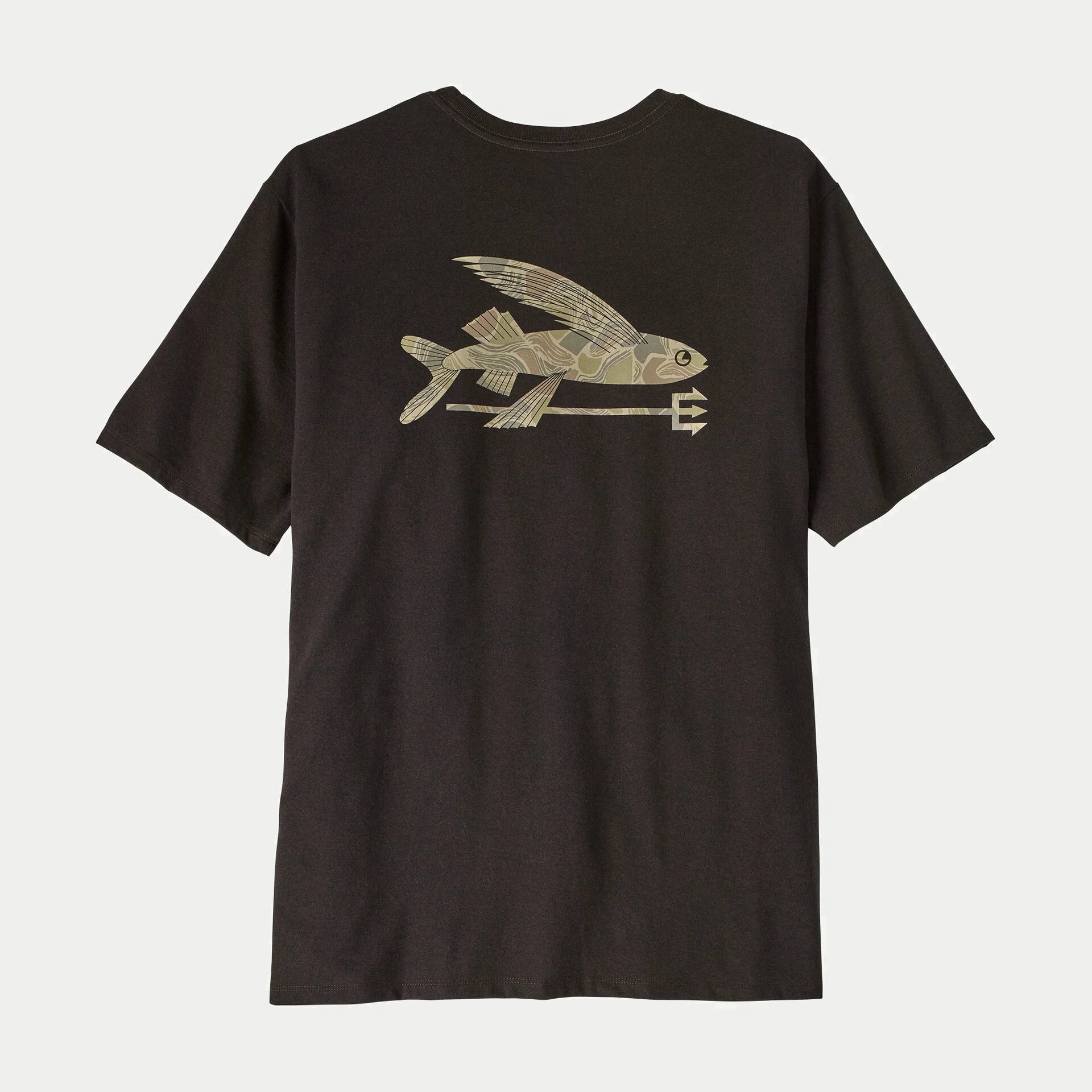 Dos du T-shirt Flying Fish Den Brown Patagonia : poisson volant sur trident sérigraphié en camo kaki et beige