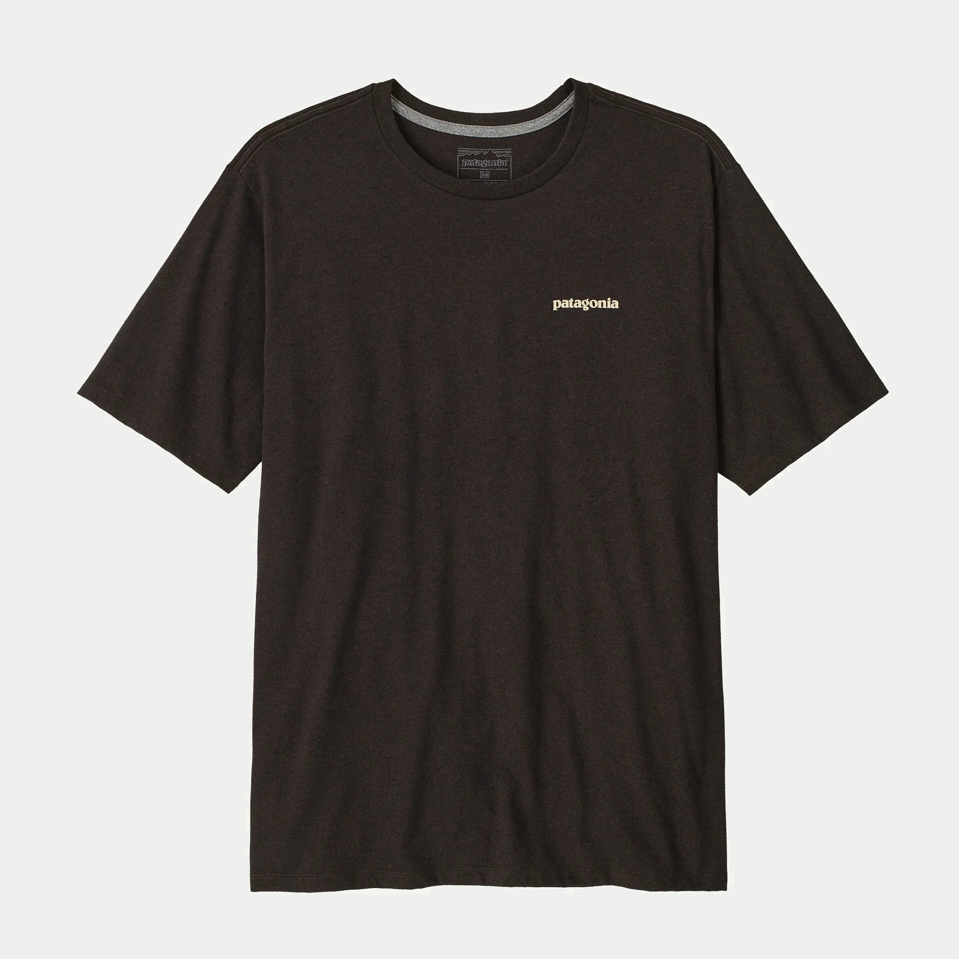 T-shirt Flying Fish Responsibili-Tee Den Brown Patagonia, à plat de face, lettrage patagonia écru sur la poitrine