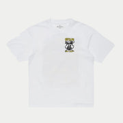 T-shirt blanc, imprimé poitrine GET A LIFE jaune et noir avec deux créatures félines
