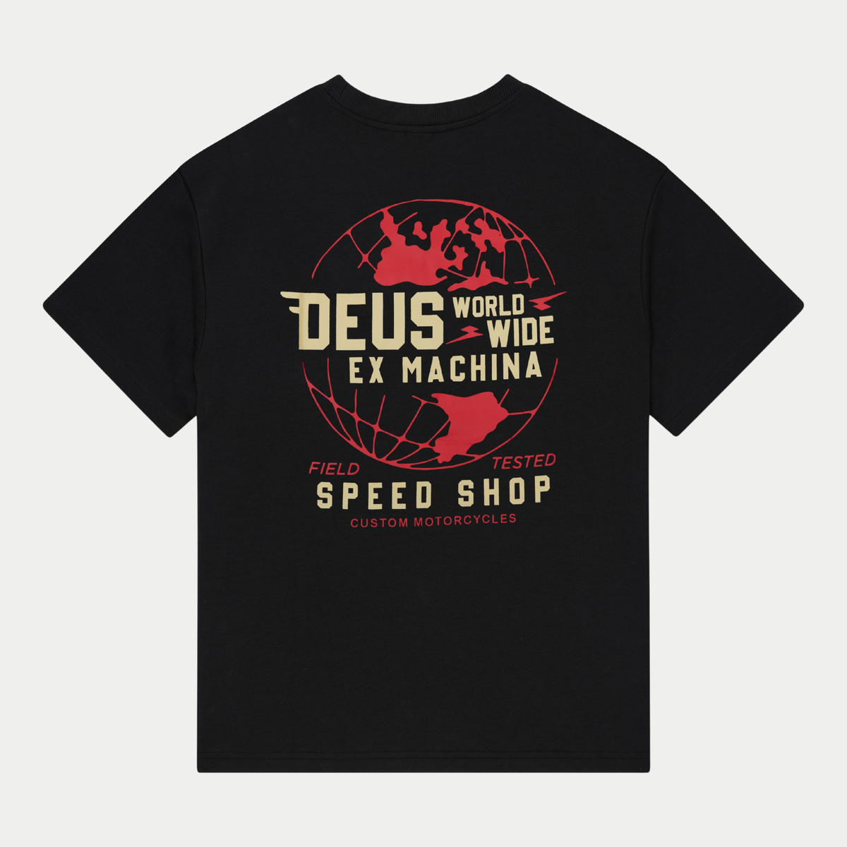 T-shirt Global Spark noir Deus Ex Machina, vue de dos : grand globe rouge Deus World Wide Ex Machina Speed Shop imprimé
