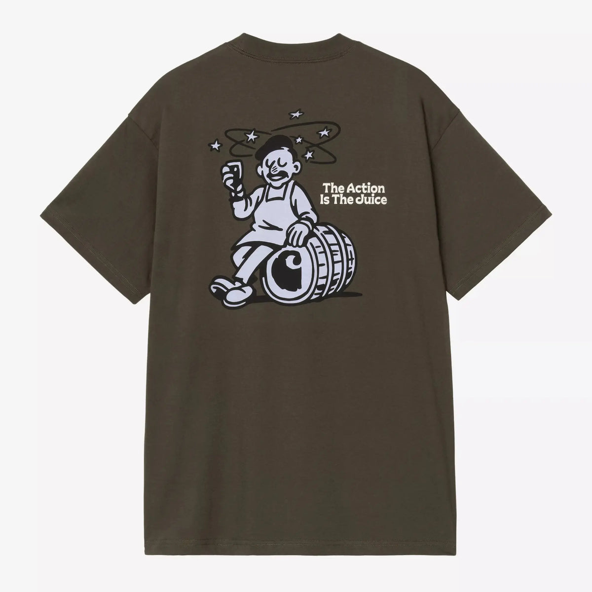 Dos du T-shirt Grape Picker Cypress à plat : vendangeur assis sur un tonneau, imprimé lilas, slogan The Action Is The Juice en crème