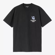 T-shirt Grape Picker noir Carhartt WIP à plat, face : feuille de vigne et sécateur lavande, lettrage Carhartt WIP blanc sur la poitrine