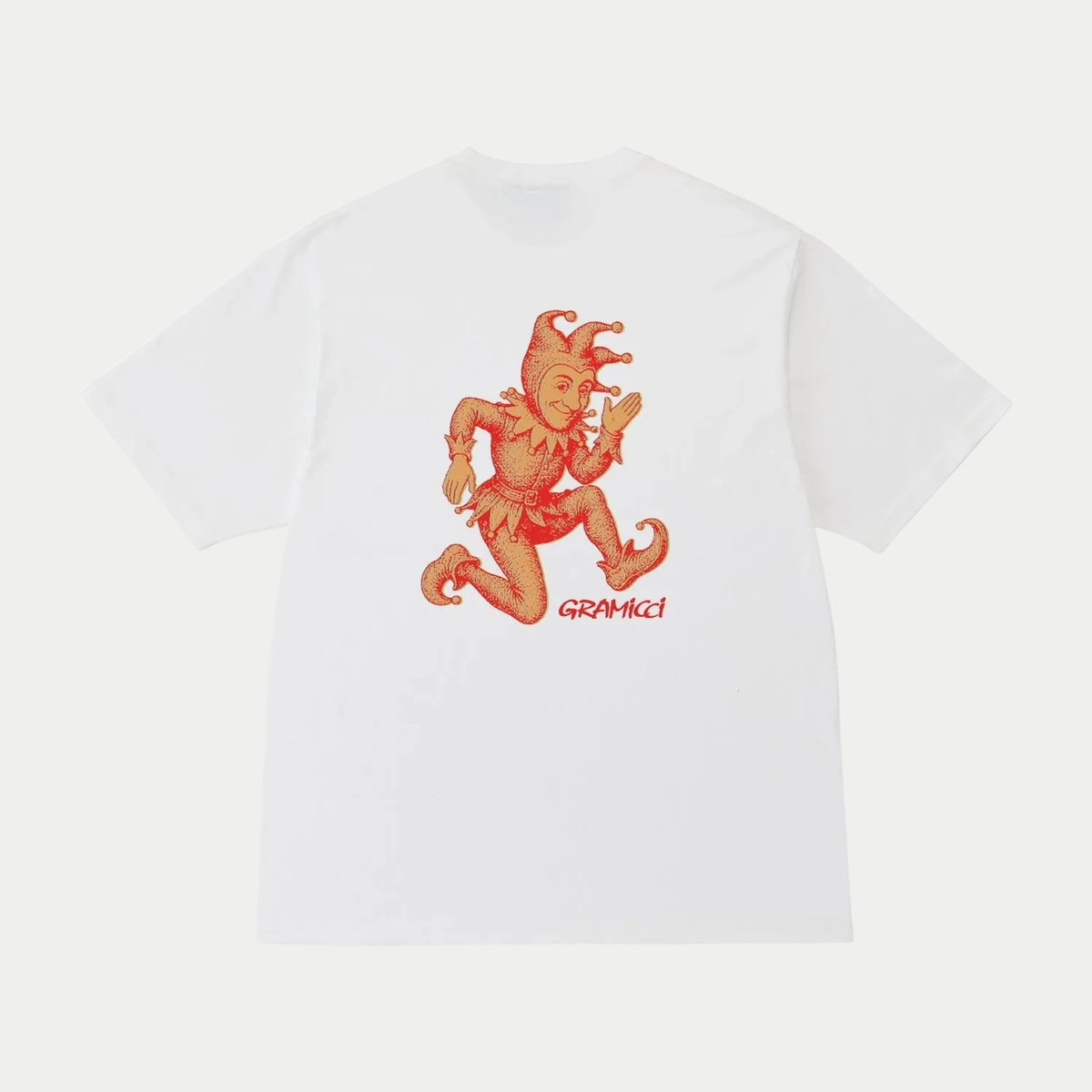 T-shirt Joker Blanc Gramicci - packshot du dos, bouffon imprimé en dégradé orange et rouge