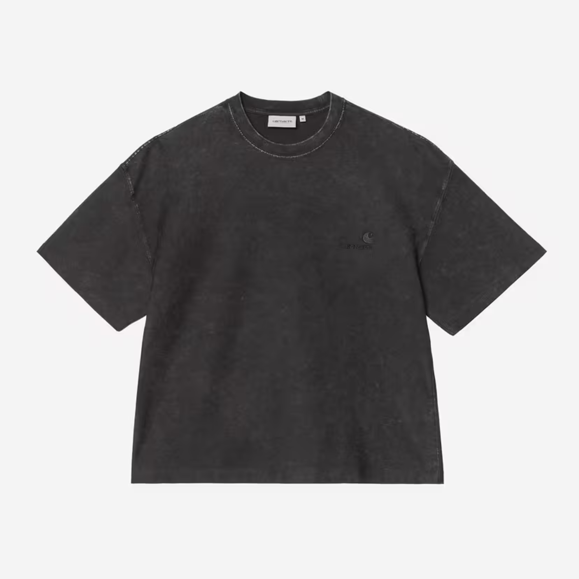 T-shirt Lambert Black Moon Wash Carhartt WIP à plat, face avant, American Script brodé ton sur ton