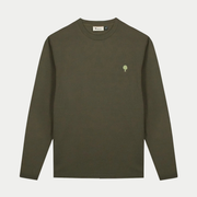 T-shirt manches longues Bailly kaki Faguo vu de face, col rond et arbre brodé vert clair