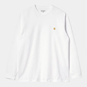 T-shirt manches longues Chase blanc Carhartt WIP à plat de face, jersey blanc franc et logo C brodé doré sur la poitrine