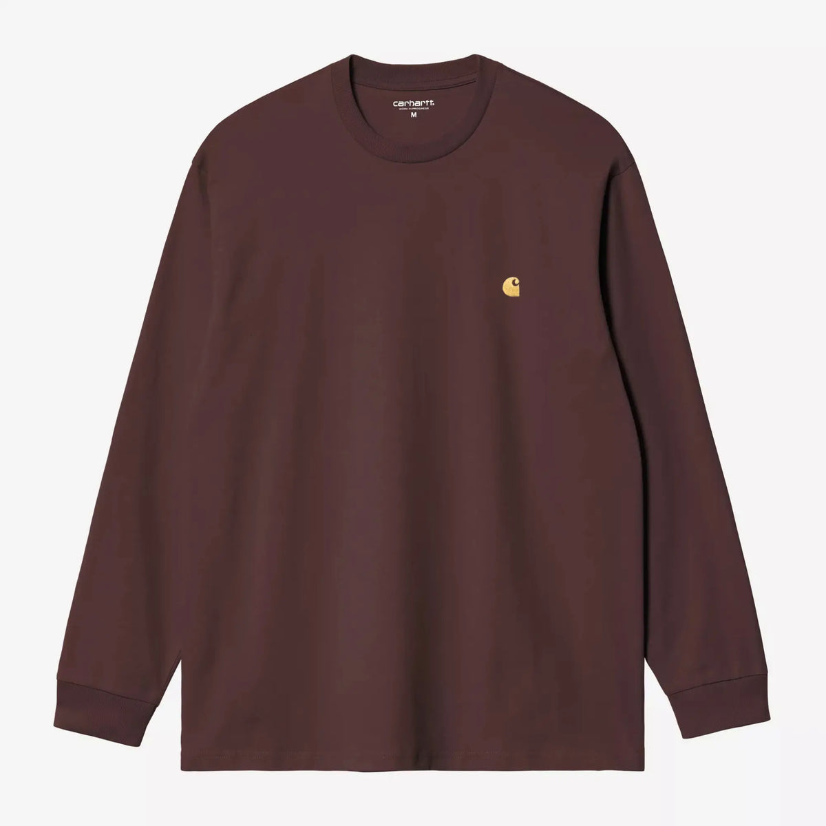 T-shirt manches longues Chase Palisander brun bordeaux à plat de face, logo C brodé doré sur la poitrine - Carhartt WIP