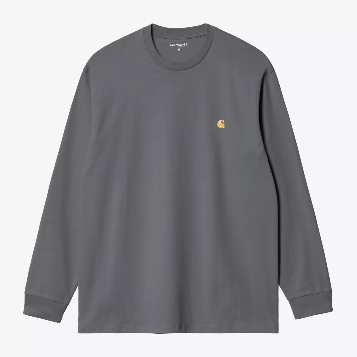 T-shirt manches longues Chase gris ardoise Styx Carhartt WIP, packshot de face à plat, logo C brodé doré sur la poitrine