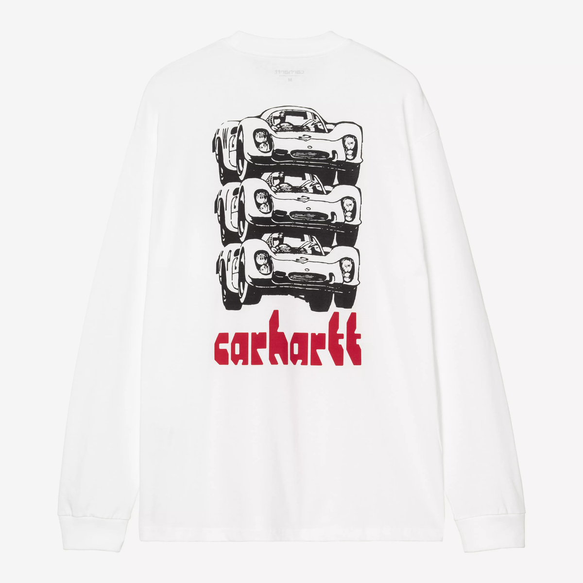 Dos du T-shirt Framework blanc Carhartt WIP : trois voitures de course sérigraphiées en noir et lettrage carhartt rouge