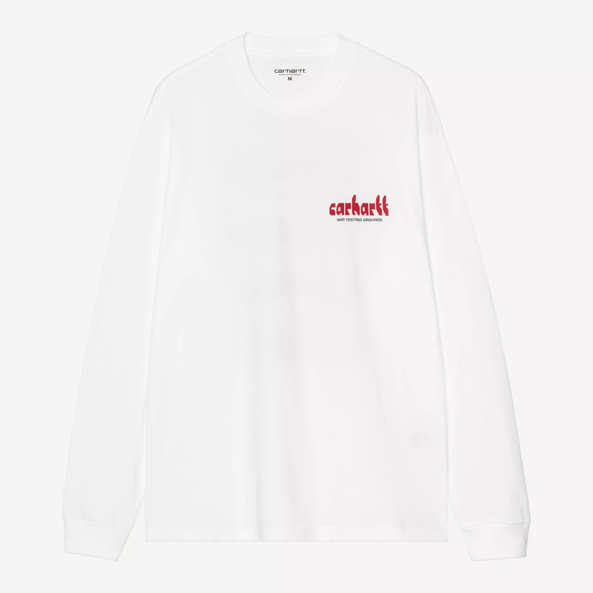 T-shirt manches longues Framework blanc Carhartt WIP à plat, logo carhartt rouge imprimé sur la poitrine