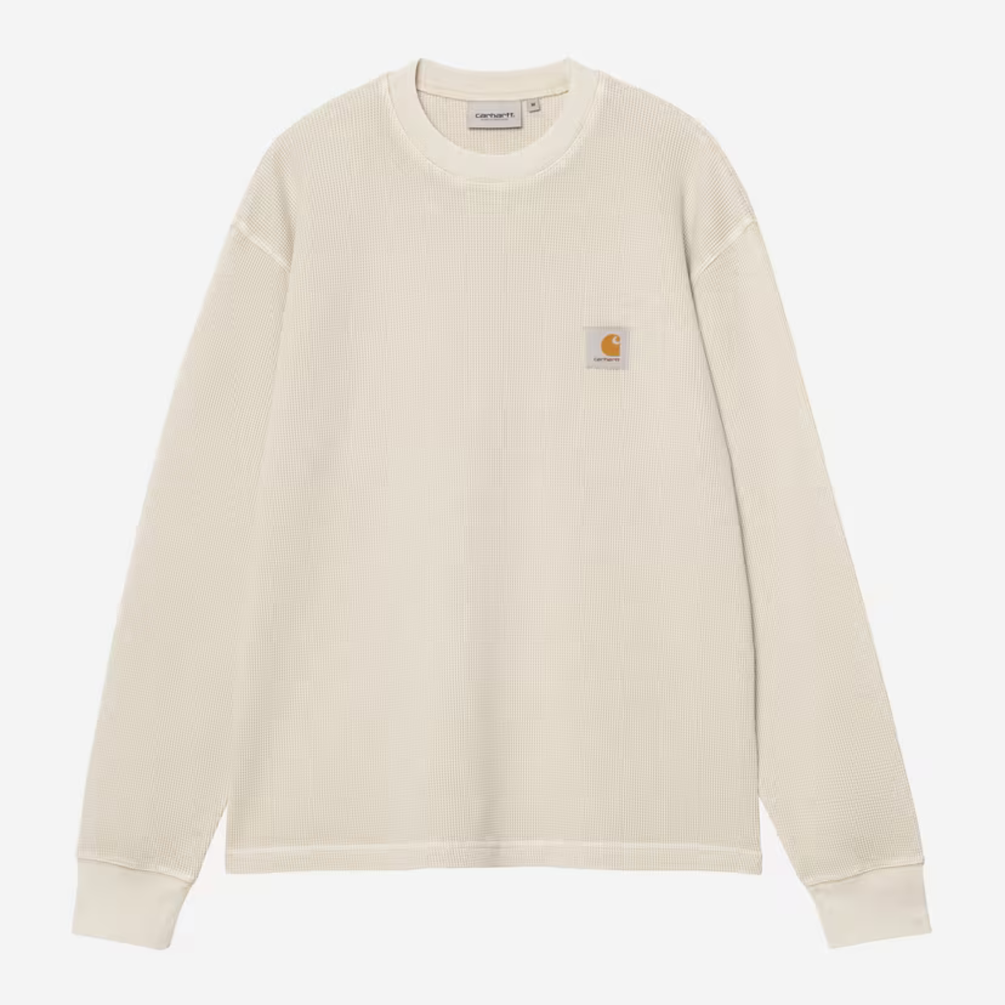T-shirt manches longues Vista Waffle Carhartt WIP écru, vue de face à plat, maille gaufrée et étiquette carrée cousue