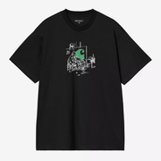 T-shirt Old Painter Carhartt WIP noir, scène d'atelier gravée au trait blanc avec logo C peint en vert, vue de face à plat