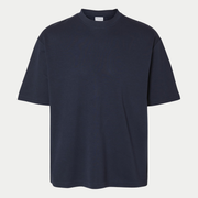 T-shirt Oversize bleu marine Selected Homme à plat, vue de face avec étiquette de marque au col