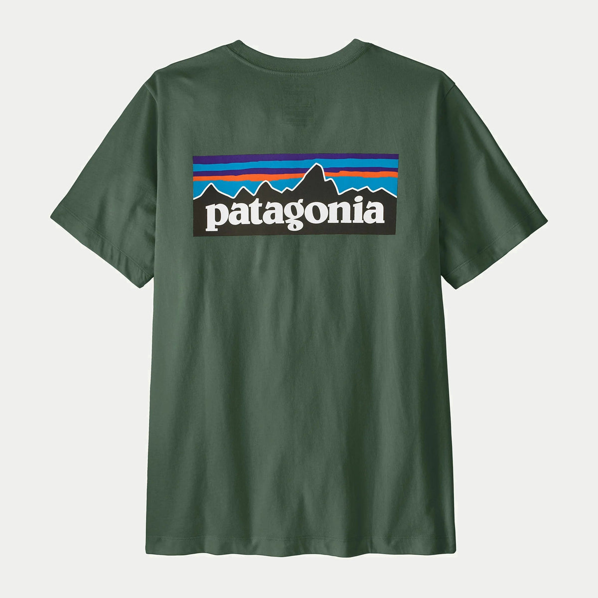 T-shirt P-6 Logo Patagonia Canopy Green, dos à plat avec le grand logo P-6 sérigraphié montagnes et lettrage blanc