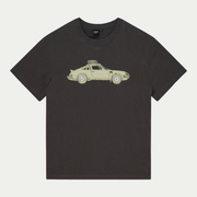 T-shirt Park anthracite Deus Ex Machina à plat de face, illustration Porsche 911 safari vert amande sur la poitrine