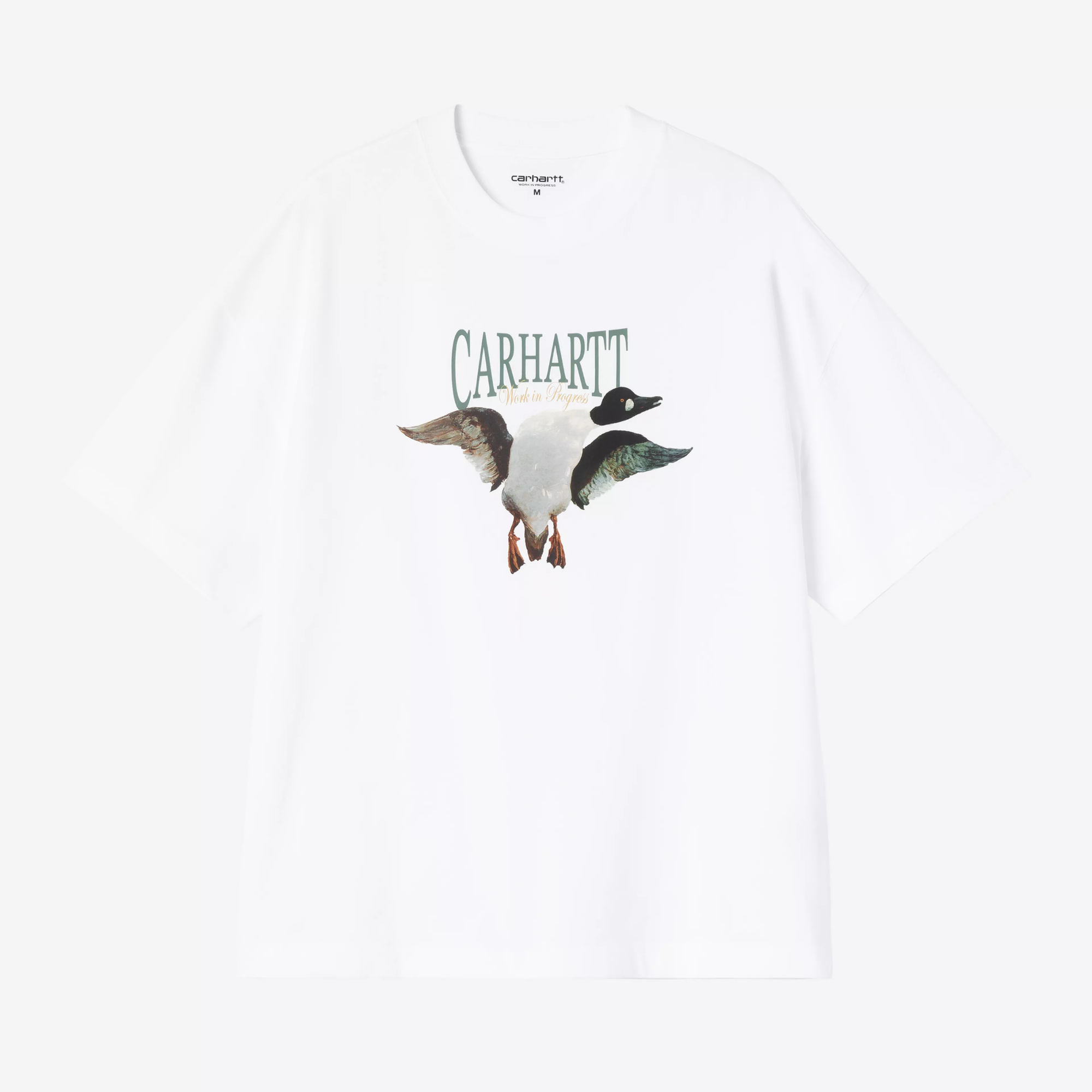 T-shirt Pennon blanc Carhartt WIP à plat, canard en vol imprimé sous le lettrage CARHARTT vert, le corps clair de l'oiseau se fondant dans le jersey