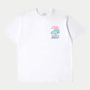 T-shirt blanc, imprimé poitrine Pink Castle rose et turquoise avec lit et coordonnées tokyoïtes