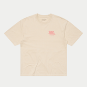 T-shirt Rare Spins écru Edwin vu de face, imprimé rose corail Edwin Music Channel sur la poitrine