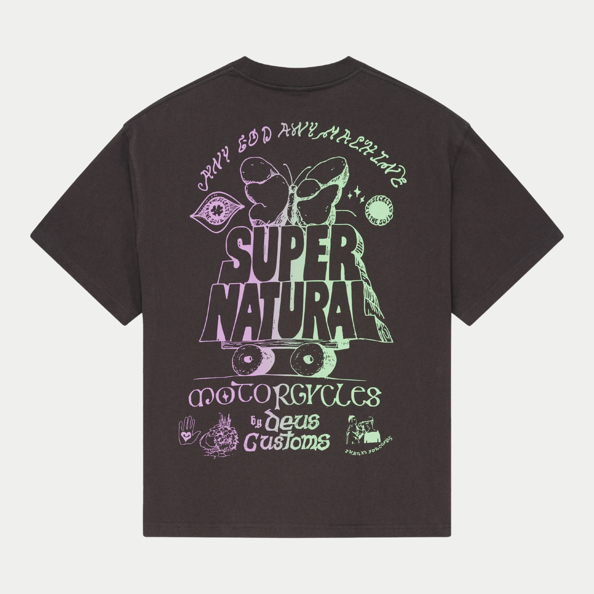 T-shirt Temple Torque Anthracite Deus Ex Machina - dos à plat, grand imprimé Super Natural Motorcycles