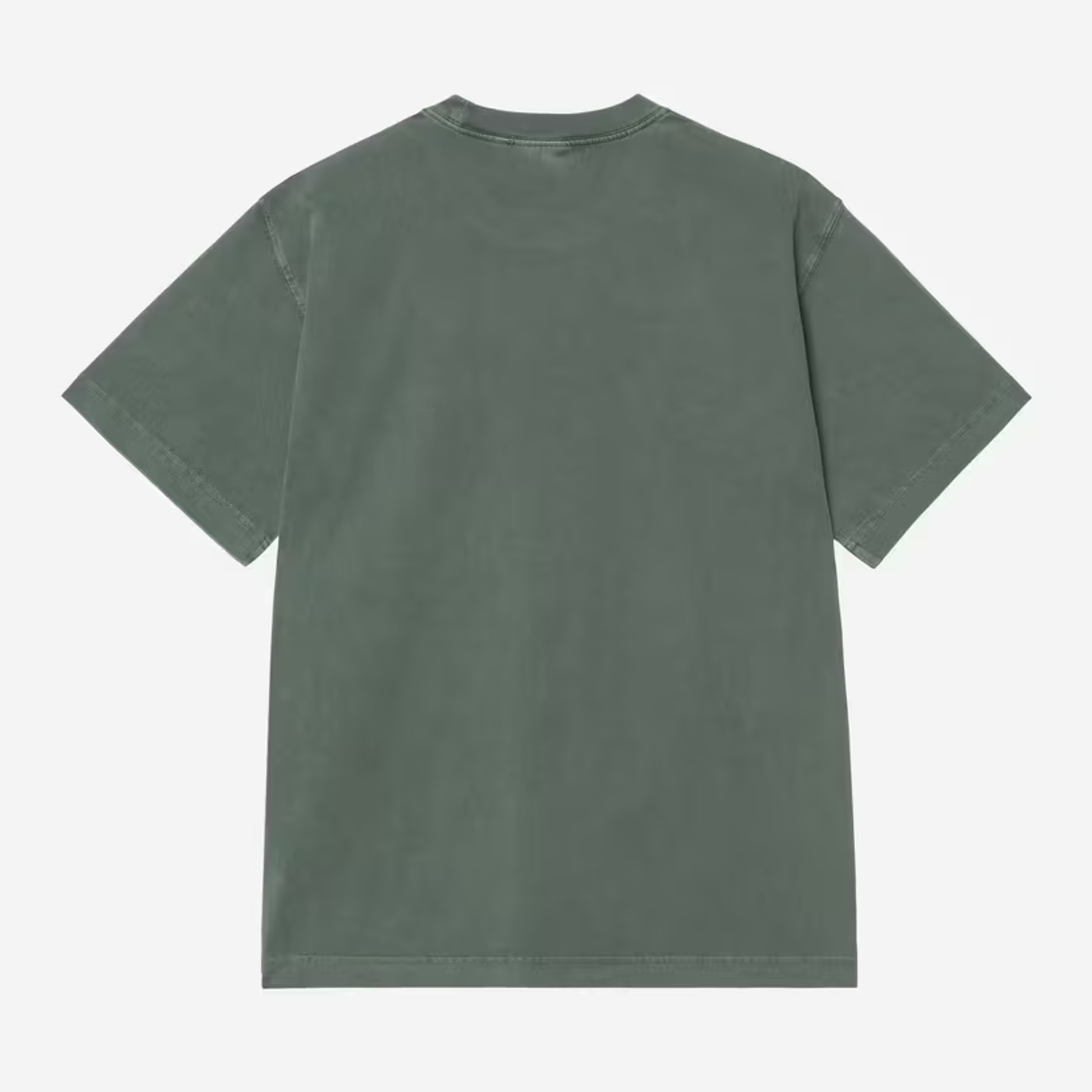 T-shirt Vista Carhartt WIP vert sapin grisé, vue de dos à plat montrant la coupe ample et l’ourlet allongé
