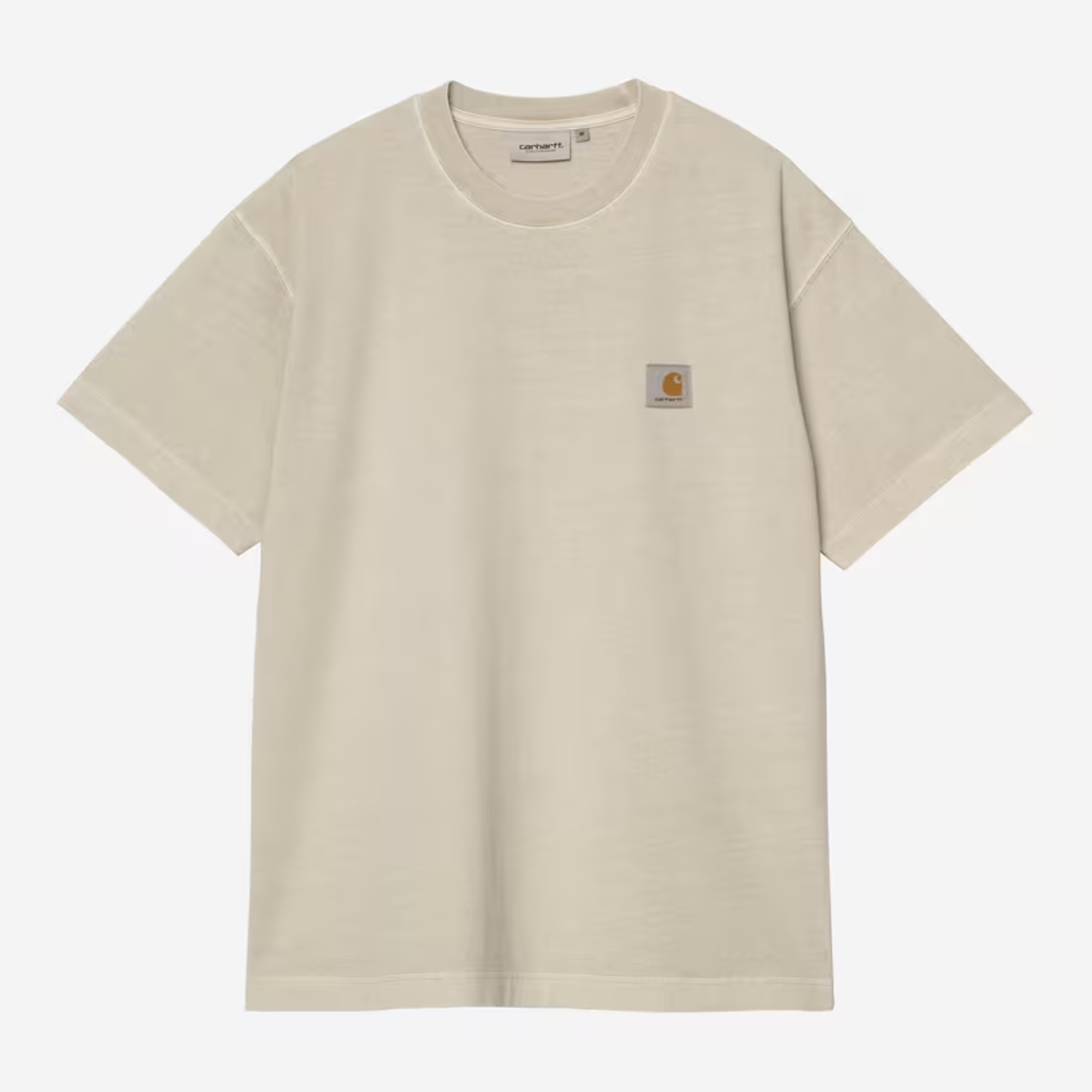 T-shirt Vista Carhartt WIP beige sable, vue de face à plat avec étiquette carrée cousue sur la poitrine gauche