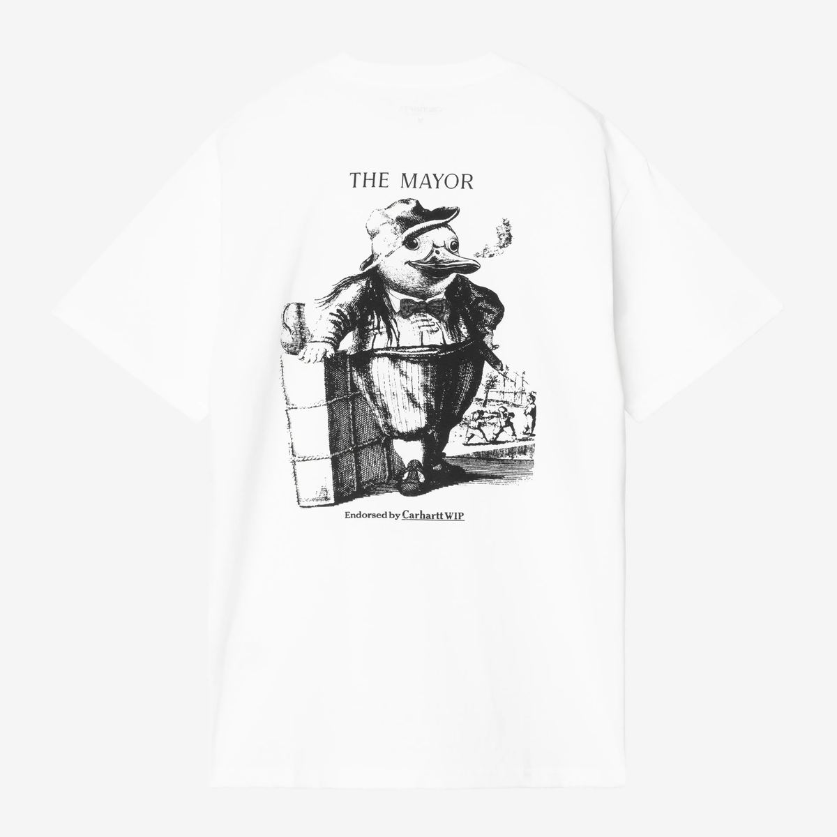 Dos du T-shirt Vote Carhartt WIP blanc, grand imprimé The Mayor : canard en costume et casquette, cigare au bec