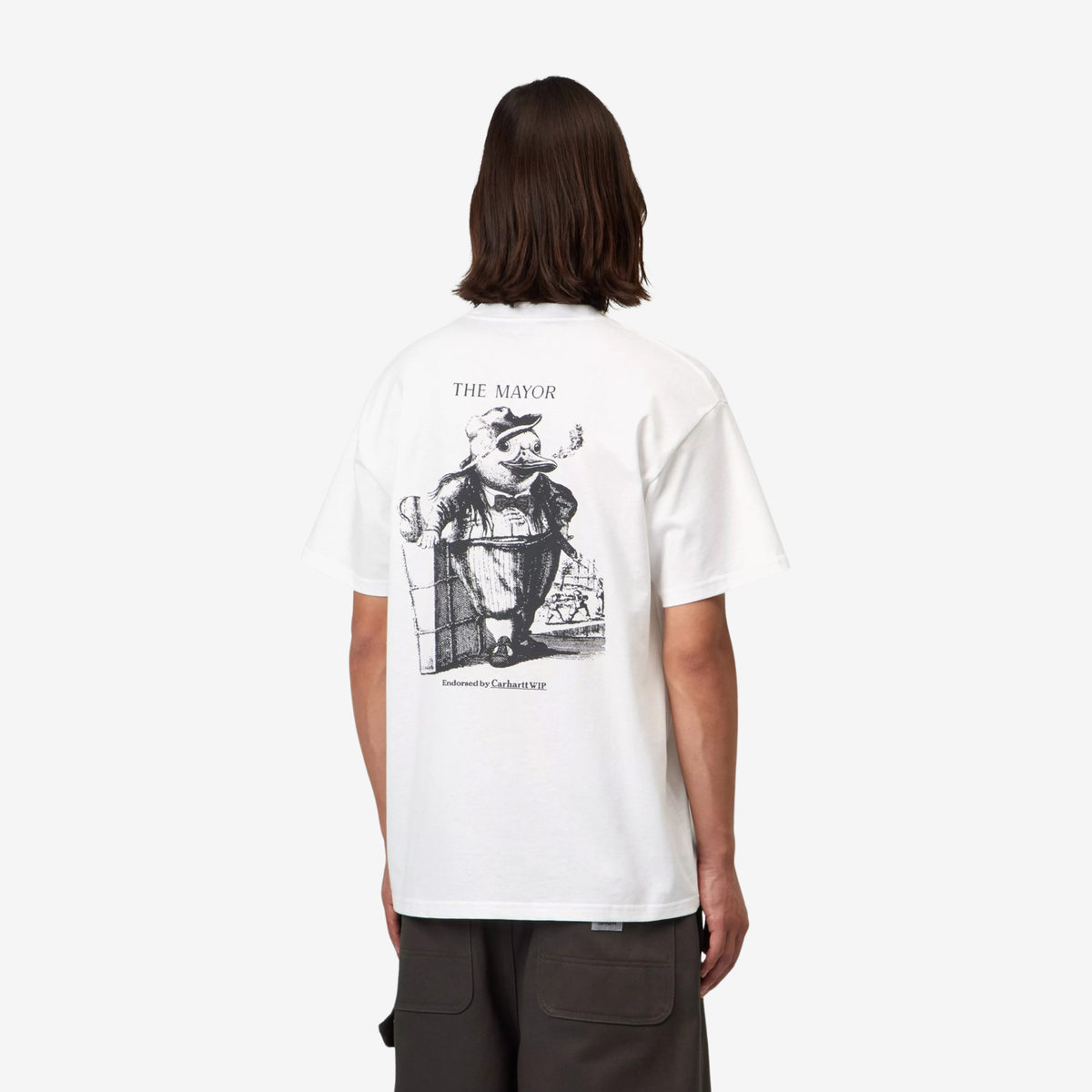 T-shirt Vote Carhartt WIP blanc porté de dos, grand imprimé The Mayor centré entre les omoplates