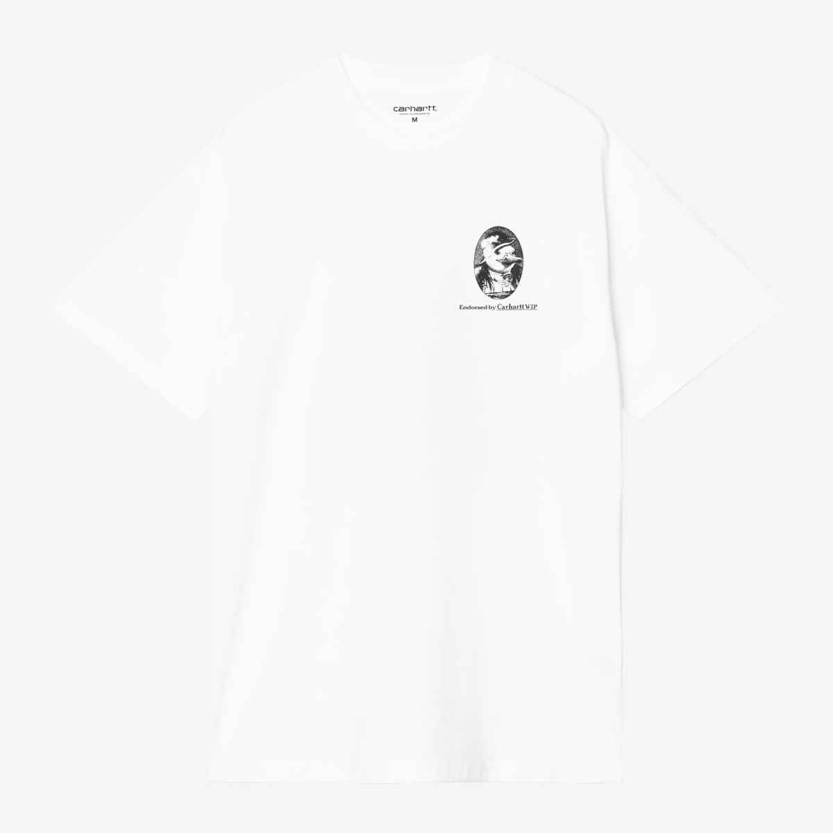 T-shirt Vote Carhartt WIP blanc à plat, face avant : petit médaillon ovale imprimé canard en costume sur la poitrine