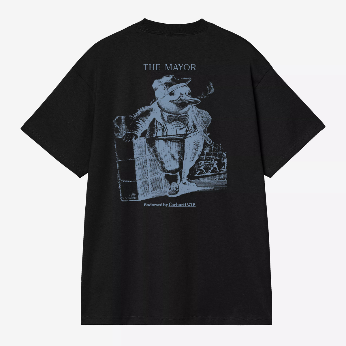 Dos du T-shirt Vote noir Carhartt WIP : grand imprimé The Mayor bleu acier, canard en casquette au cigare