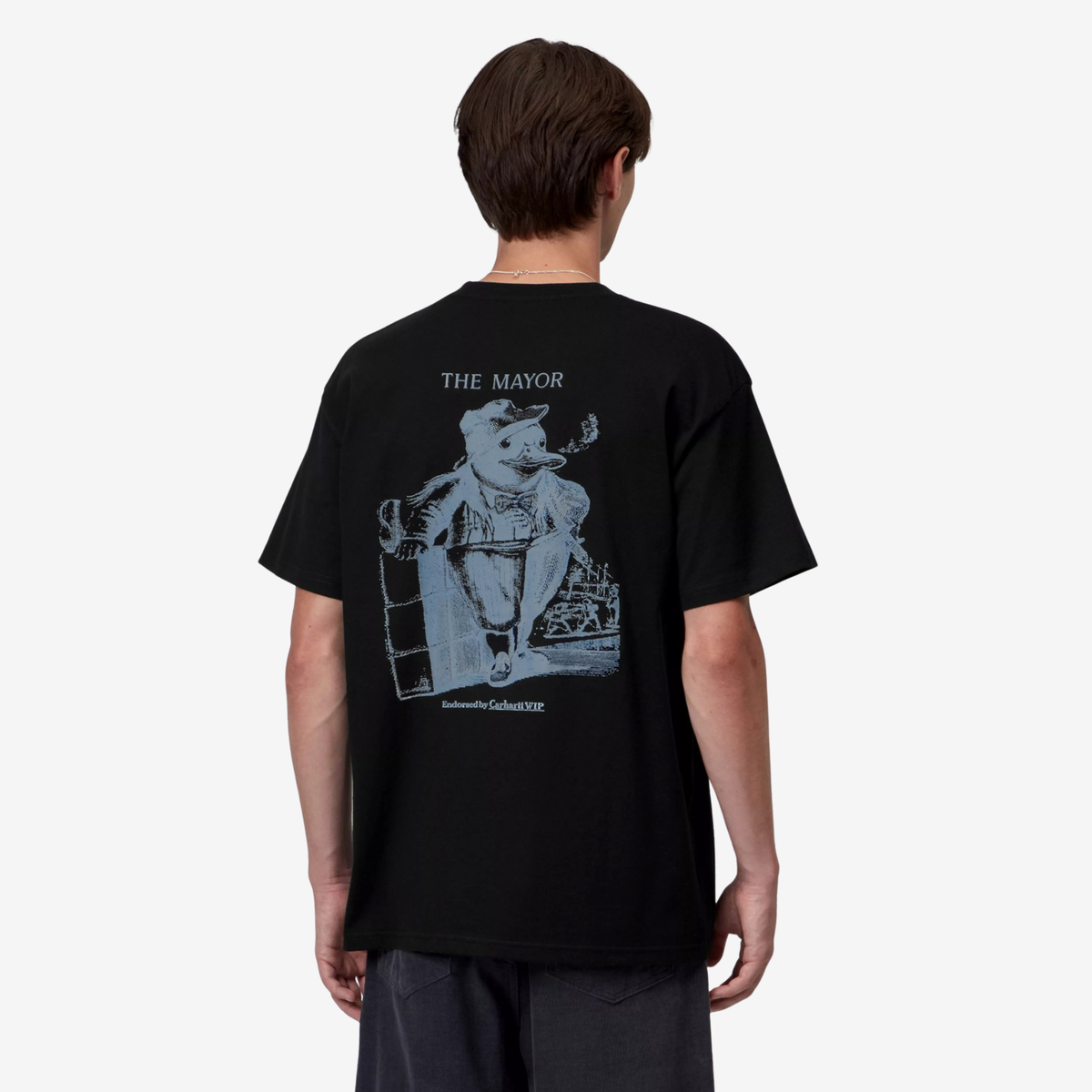 T-shirt Vote noir Carhartt WIP porté de dos, imprimé The Mayor bleu acier centré sur le dos