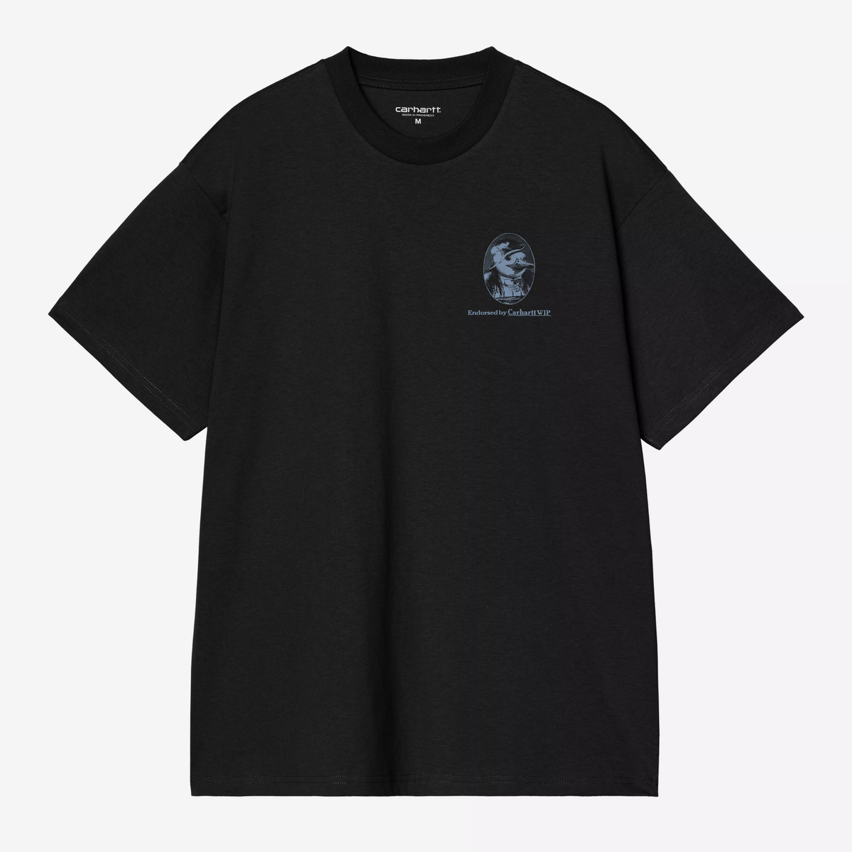 T-shirt Vote noir Carhartt WIP à plat, face : vignette ovale bleu acier au-dessus du logo Endorsed by Carhartt WIP