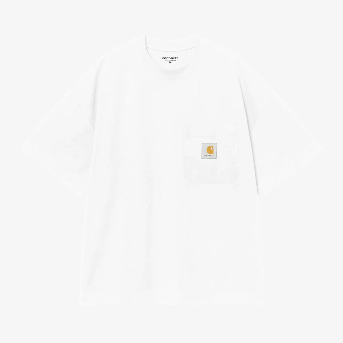 T-shirt Work Pocket Carhartt WIP blanc à plat : poche plaquée en poitrine et Square Label gris cousu dessus