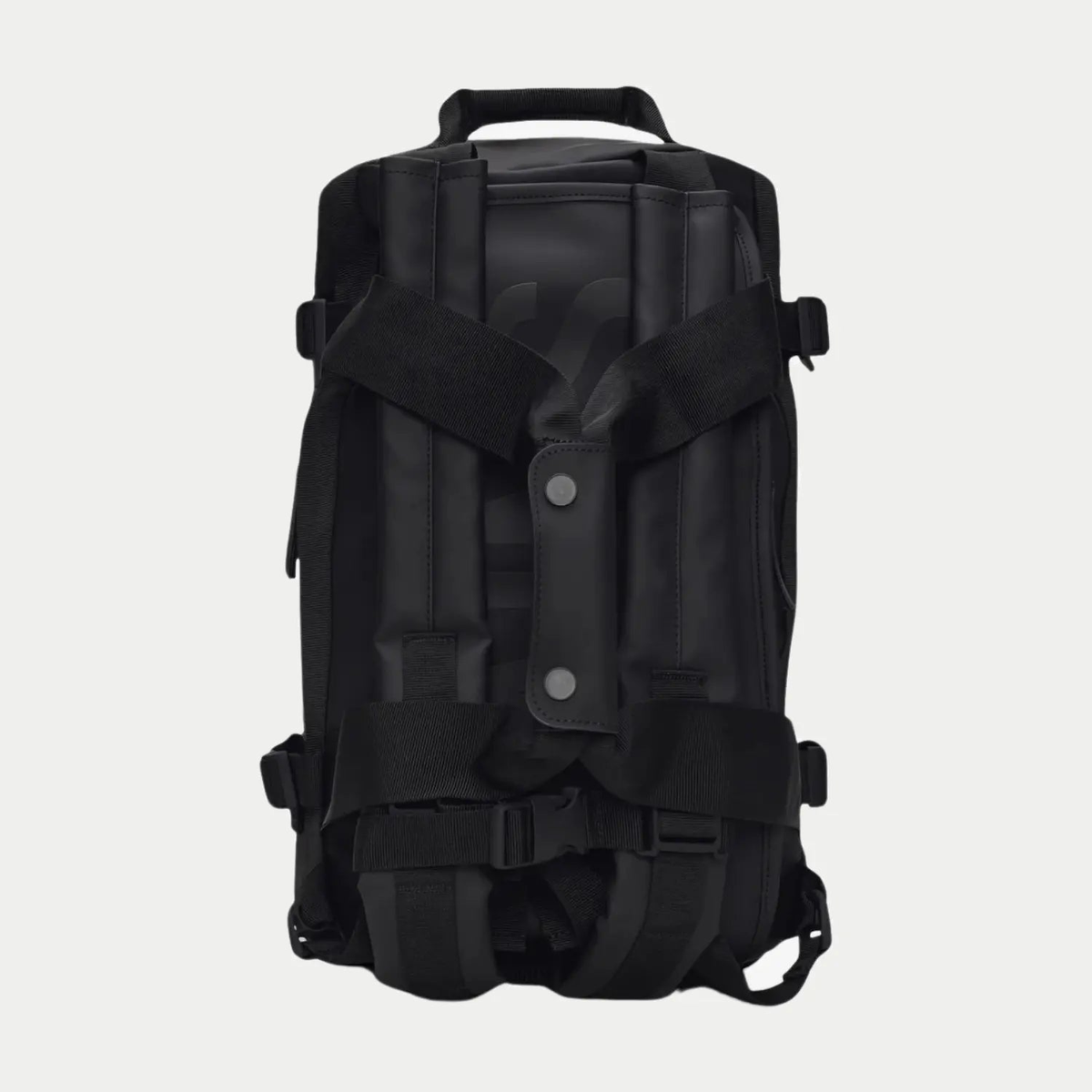 Dos du Texel Duffel Bag Mini noir, bretelles de portage dorsal et pattes pressionnées