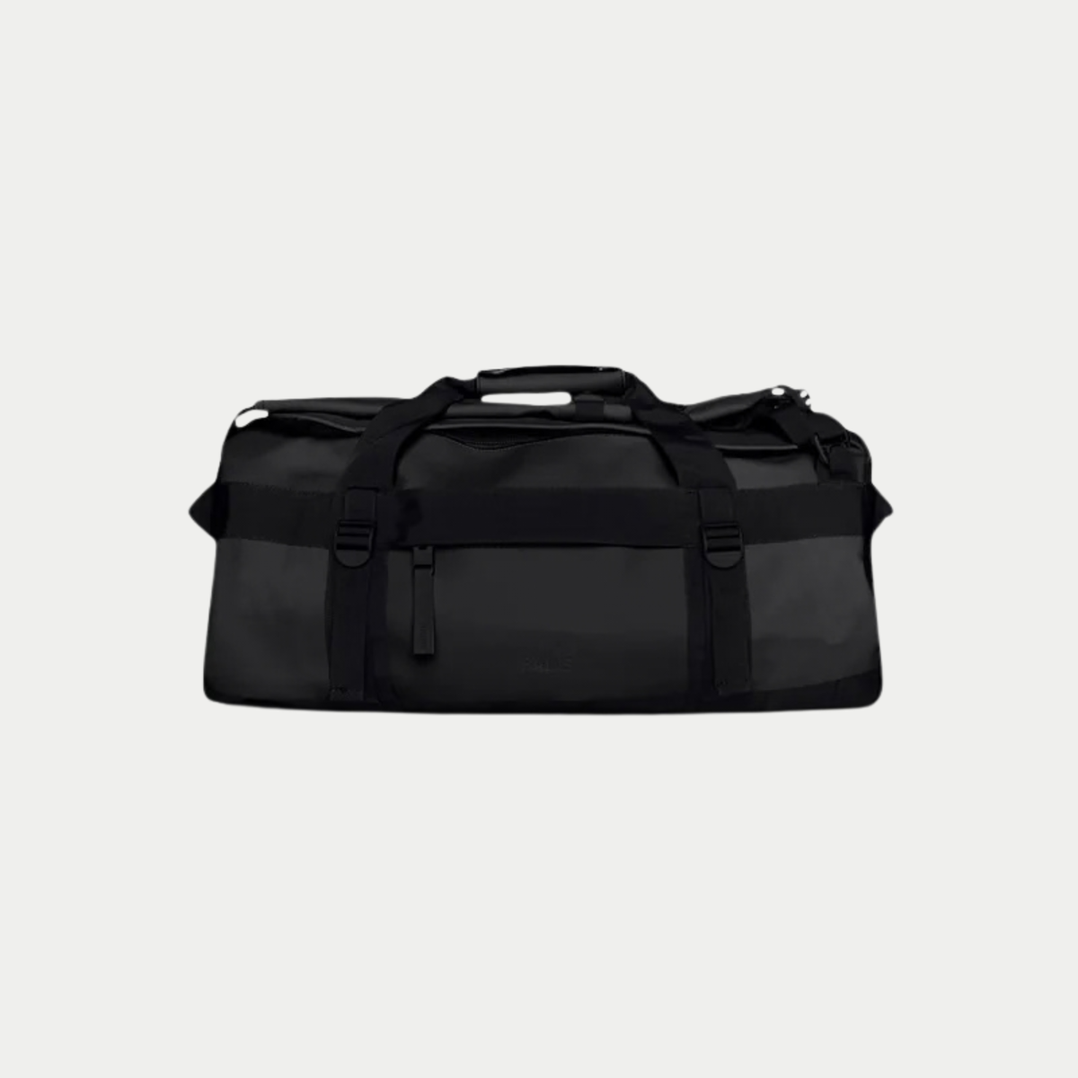 Sac de voyage Texel Duffel Bag Small Noir Rains - packshot face, forme tubulaire et ouverture zippée en U