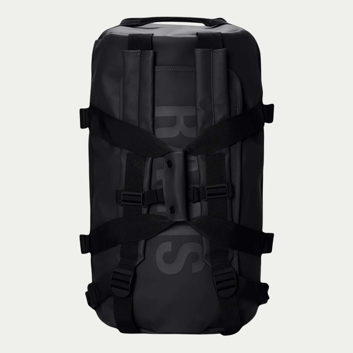 Sac de voyage Texel Duffel Bag Small Noir Rains - packshot dos, bretelles rangées sous les sangles de compression