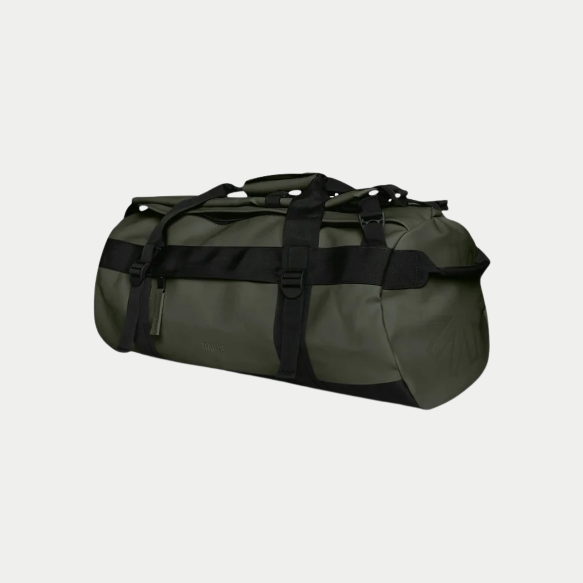 Texel Duffel Bag Small vert kaki Rains de trois quarts, forme tubulaire ceinturée de sangles et poignées noires