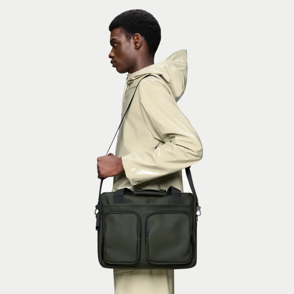 Texel Tech Bag vert kaki porté en bandoulière, volume plat de sacoche d'ordinateur