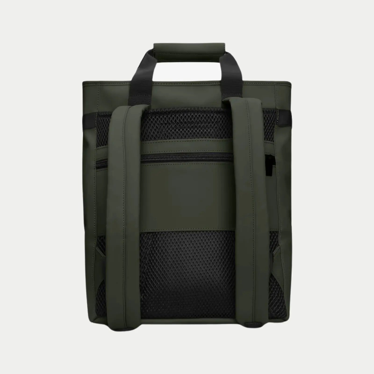 Dos du Texel Tote Backpack vert kaki, bretelles souples, filet noir et poche zippée dorsale