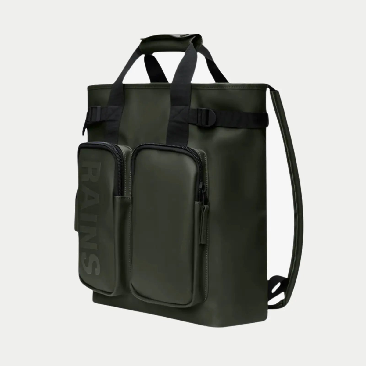 Texel Tote Backpack vert kaki de trois quarts, anses hautes et sangle de serrage à boucle