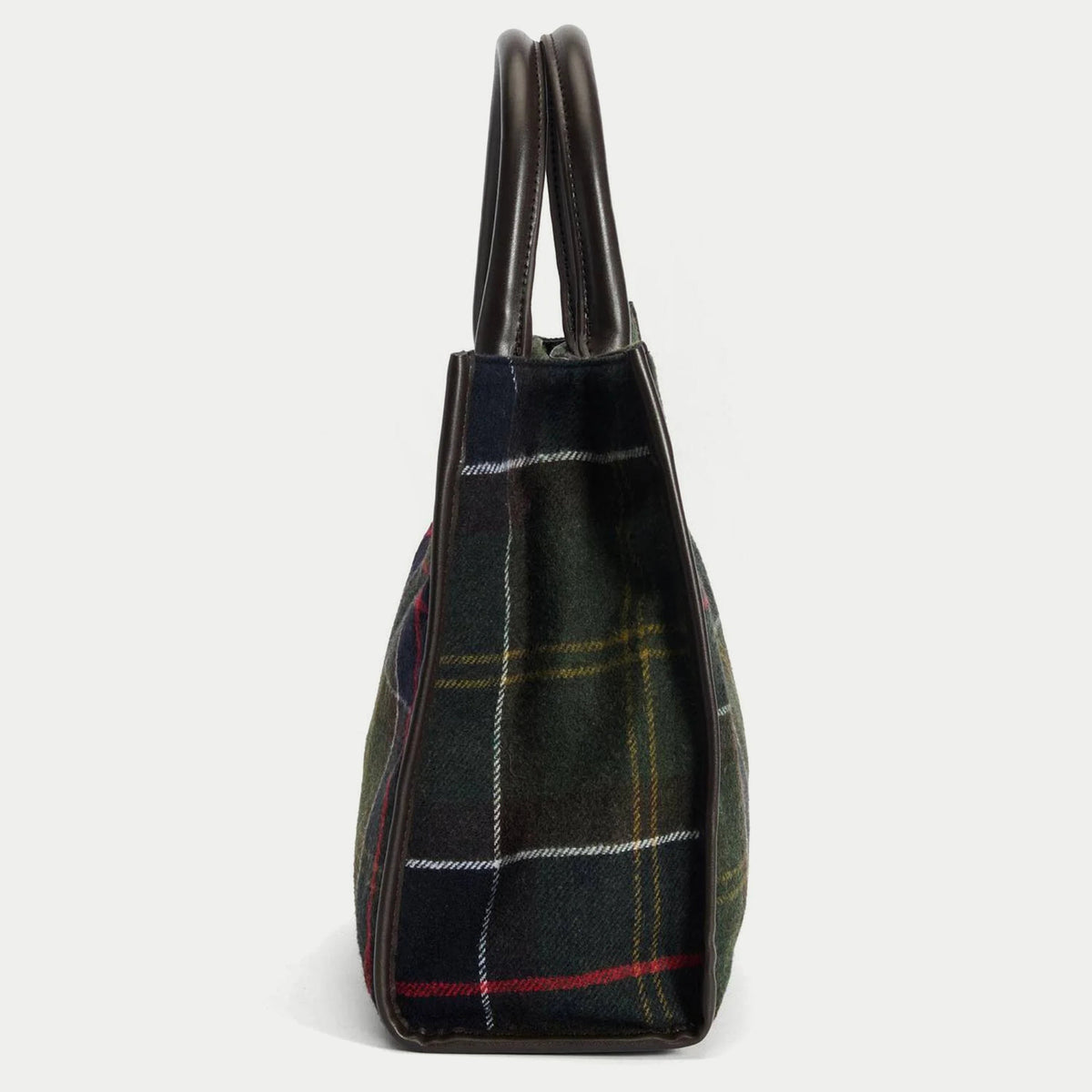 Profil du tote bag Barrhill tartan olive : soufflet étroit, arêtes et base gainées de similicuir brun