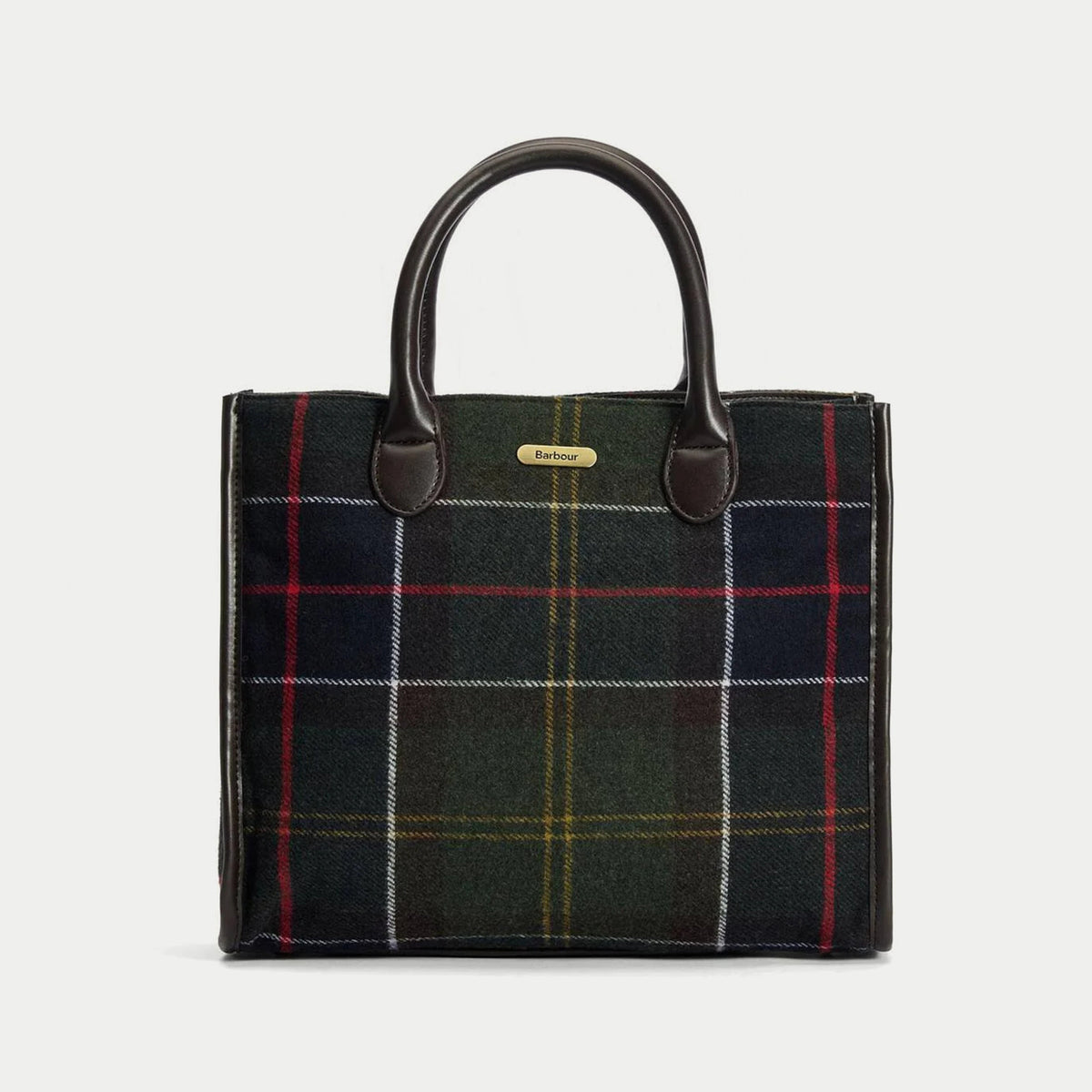 Tote bag Barrhill Barbour en tartan olive, vue de face, anses arquées en similicuir brun et plaque logo laiton