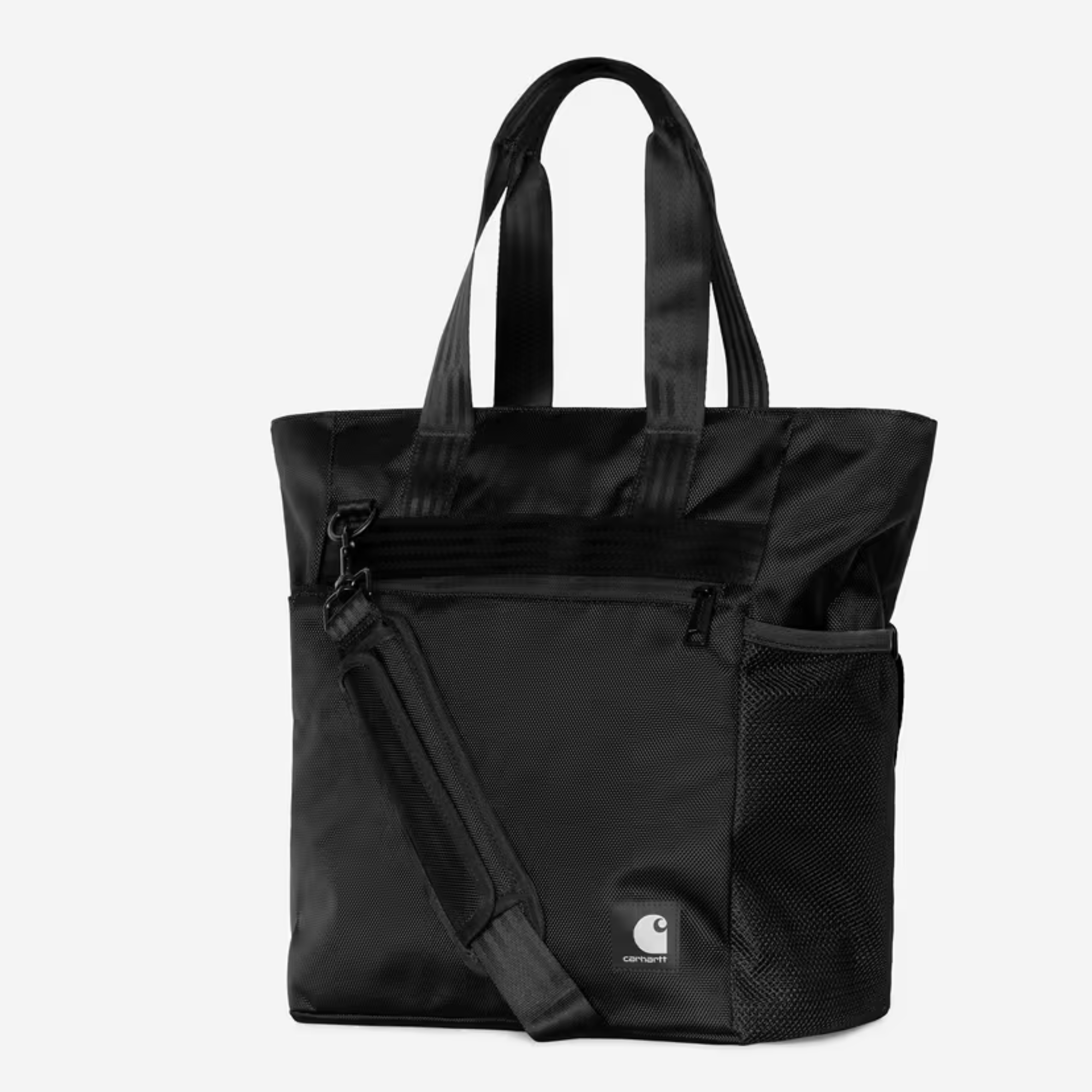 Tote bag Richmond noir Carhartt WIP de trois-quarts : poche latérale en filet, soufflet large et poche avant zippée