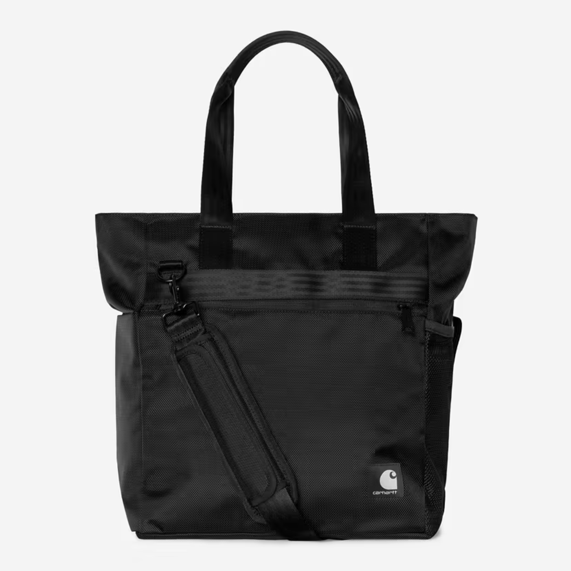 Tote bag Richmond noir Carhartt WIP vu de face : poche avant zippée, bandoulière amovible et étiquette Carhartt blanche