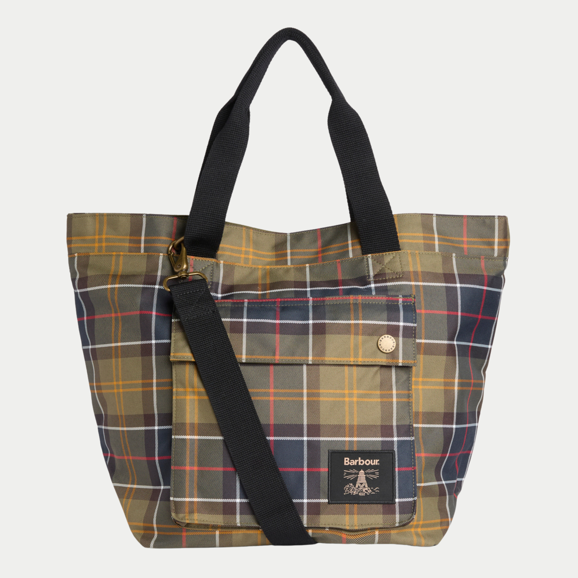 Tote Bag Barbour Classic Tartan olive, face avant, poche à rabat à bouton-pression et anses noires en sangle