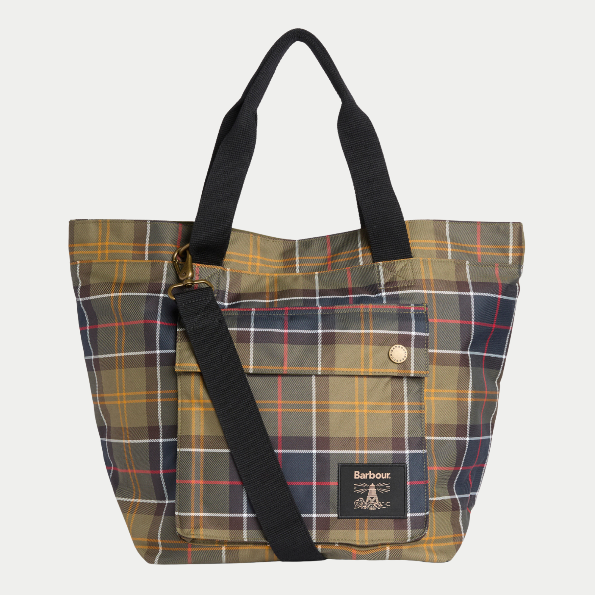 Tote Bag Barbour Classic Tartan olive, face avant, poche à rabat à bouton-pression et anses noires en sangle