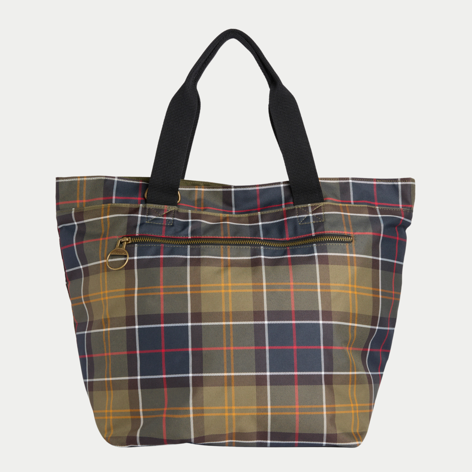 Tote Bag Barbour Classic Tartan olive vu de dos, poche zippée horizontale et zip laiton