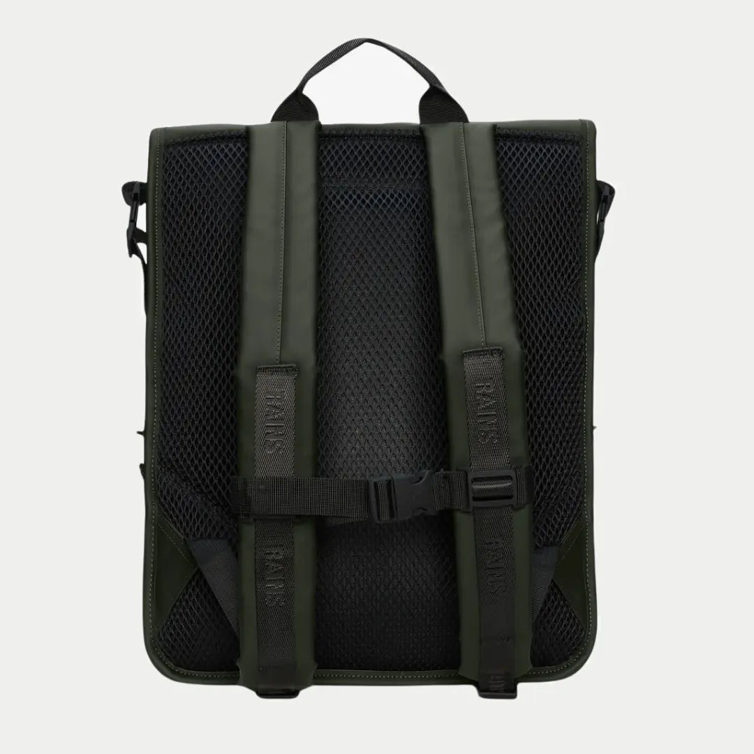 Dos du Trail Mountaineer Rolltop vert kaki, bretelles assorties et dossier en filet noir