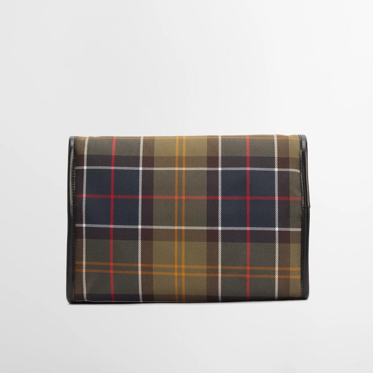 Dos de la trousse de toilette suspendue, panneau tartan olive plein cerné d'une bordure similicuir noire